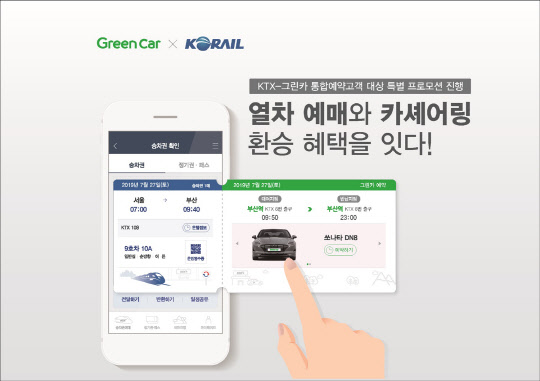 그린카는 코레일과 함께 KTX와 카셰어링 서비스를 연계해 이용하는 소비자를 대상으로 특별 판촉을 진행한다고 31일 밝혔다. 사진은 판촉 관련 포스터. <그린카 제공>